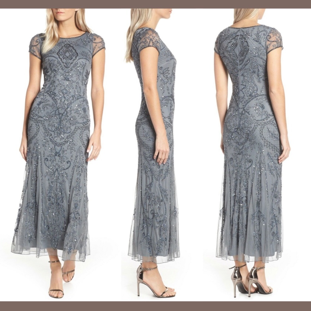 NEW Pisarro Nights Embellished Mesh Gown in Steel‎ [SZ 12 ]